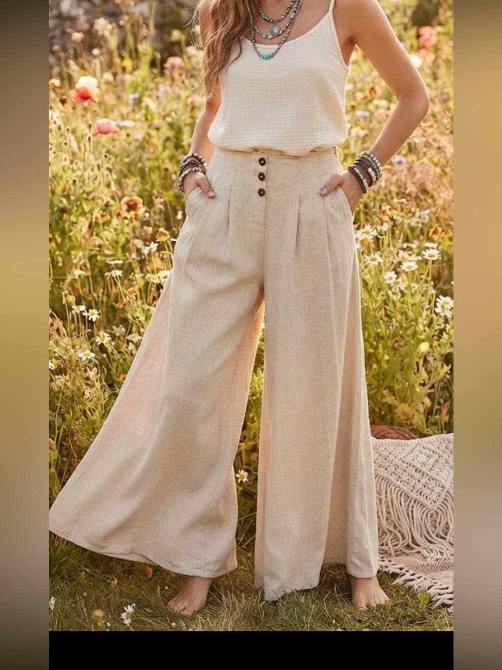 Sienna Sky Linen Wide Leg Palazzo Pants XL Oatmeal Beige Tortoise Buttons